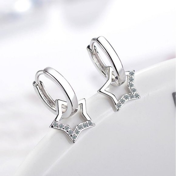 COPY - NEW 925 Sterling Silver Diamond Star Hoop Earrings - Picture 1 of 7